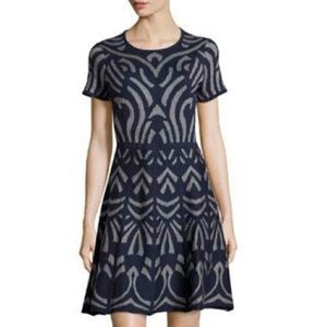 ICE Fit & Flare Navy Blue Gray Thin Knit Sweater Dress Crew Neck Women’s Small